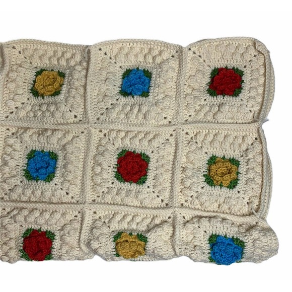 Handmade Granny Square Afghan Throw Blanket Hand Crochet 3D Flowers 51" x 70" - Picture 3 of 6
